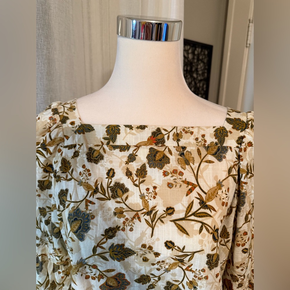 Ana Women's Blouse, XL Petite, Beige and Brown Floral with square neckline - Picture 2 of 6